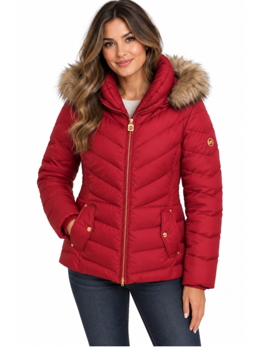 Michael Kors Red Faux-Fur Trim Chevron Puffer Coat Jacket Size XL